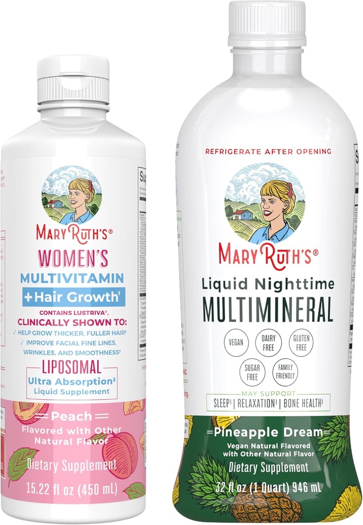 MaryRuth's Women's Multivitamin + Hair Growth Liposomal (Peach) & Liquid Nighttime Multimineral (Pineapple) ← Clean Label Project Verified® ← Vegan ← Belleza, Rutina Bedtime & Salud general