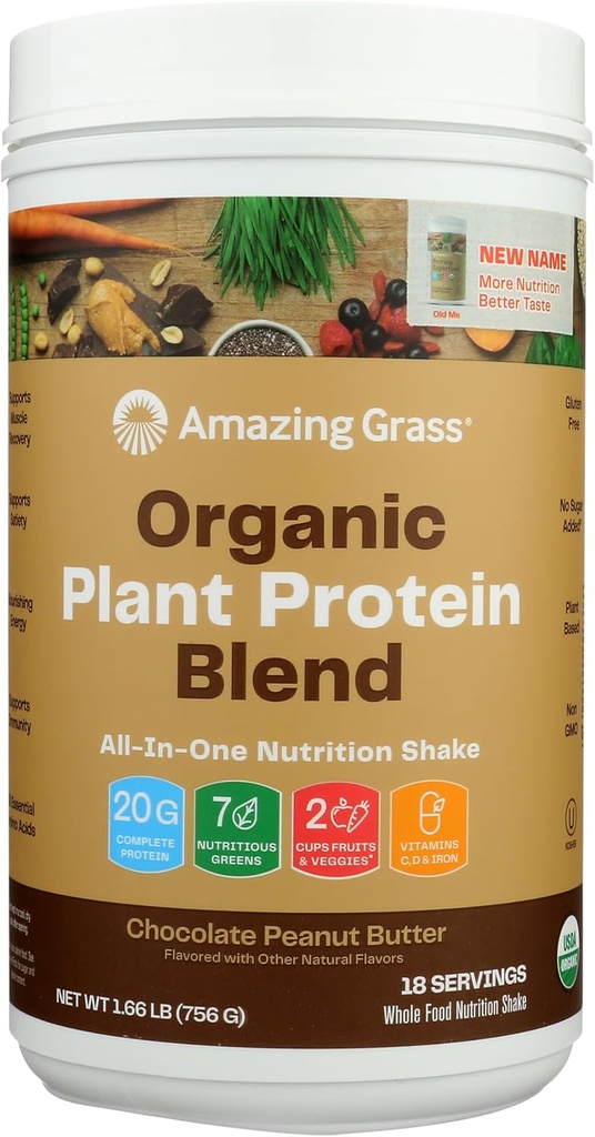 Increíble Grass Planta orgánica Protein Blend: Vegan Protein Powder, Nueva Fórmula Superalimentaria Proteína Proteína, Agitación Nutricional Todo-En-Uno Con Beet Root, Original, 18 Actuaciones (Chocolate Peanut Butter)