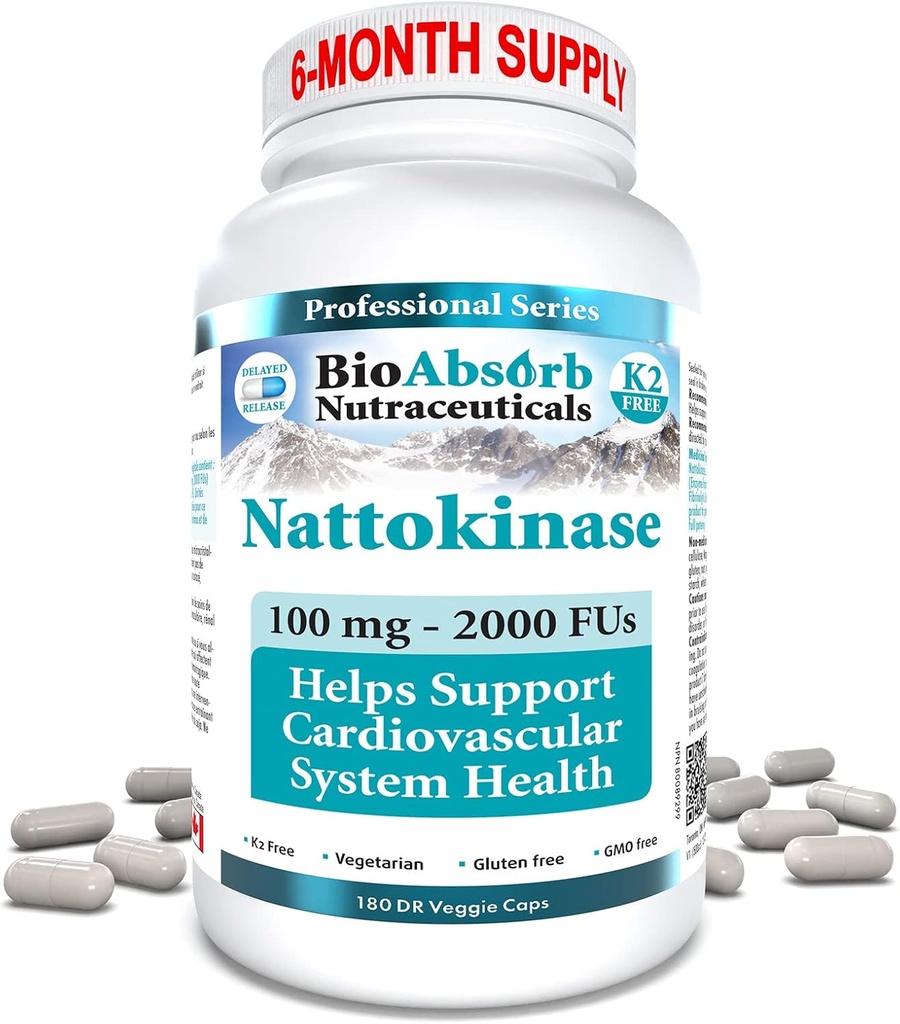 Bio Absorb Nattokinase Suplemento. 100 mg, 2000 UF. Suministro de 6 meses. Non-GMO Natto Extracto Enzyme (180 Veggie Caps)