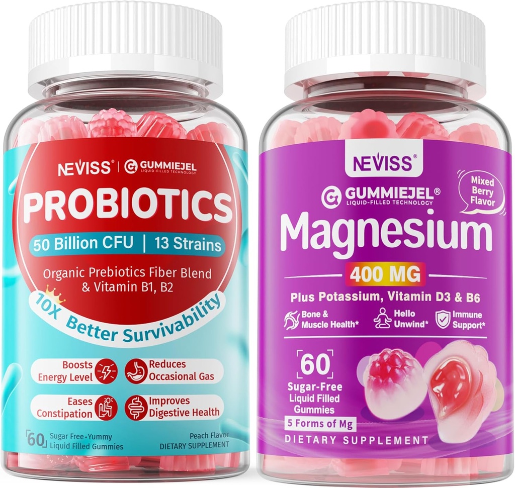 Suplementos de magnesio NEVISS 400mg + Probióticos sin azúcar Gummies