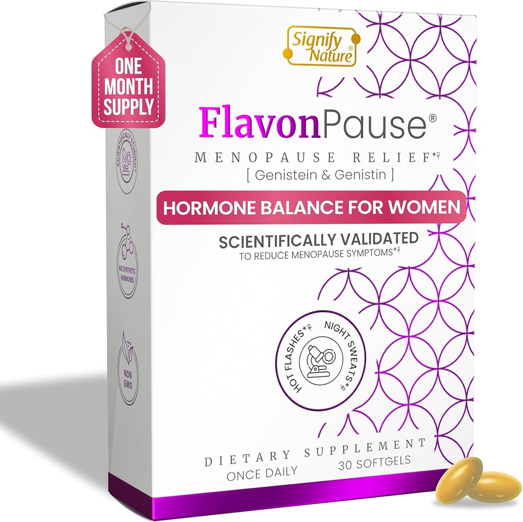 FlavonPause Hot Flashes Menopause Relief – CLINICALLY Tested – Prevención Natural Hot Flash Relief, Night Sweats Relief, Skin Aging ← Multi Menopause Symptom Relief ← 30 Softgels