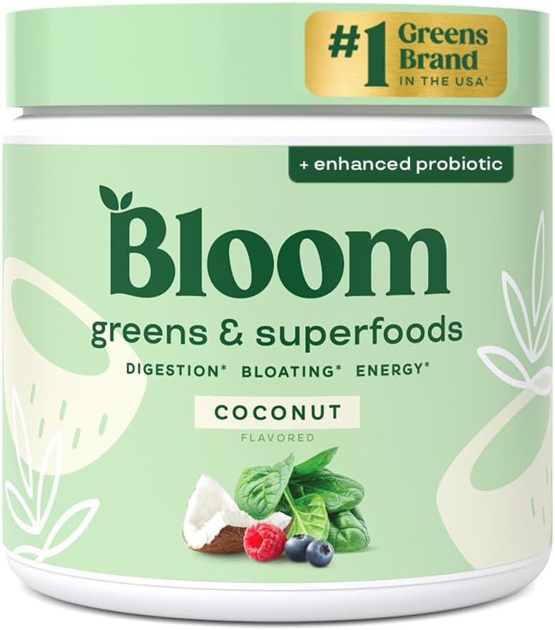 Bloom Nutrition Superfood Greens Powder, Enzymes Digestivos con Probióticos y Prebióticos, Gut Health, Bloating Relief for Women, Chlorella, Green Juice Mix with Beet Root Powder, 30 SVG, Coconut
