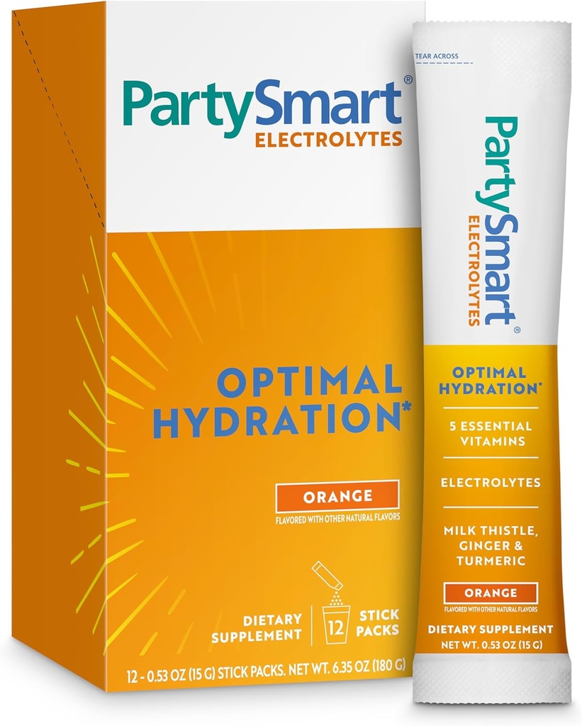 Himalaya PartySmart Orange Electrolytes Powder Packets, 12 Cuenta, soporta la hidratación, el rehidrato con sodio & potasio, vitamina C & Más, recuperación antioxidante Blend Milk Thistle, Ginger & Turmeric