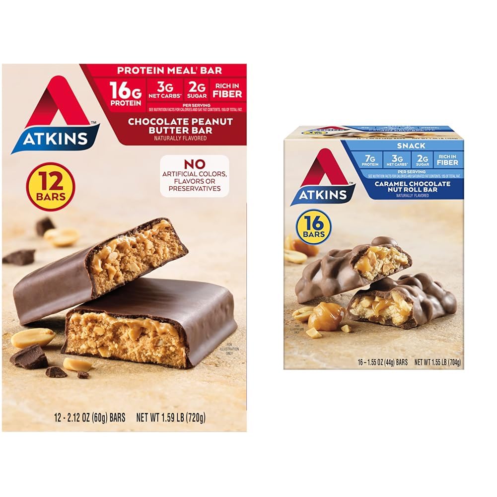 Atkins Chocolate Peanut Butter Protein Meal Bar, High Fiber, 16g Protein, 2g Sugar & Caramel Chocolate Nut Roll Snack Bar, Protein Snack, High in Fiber, 2g Sugar, 16 Count