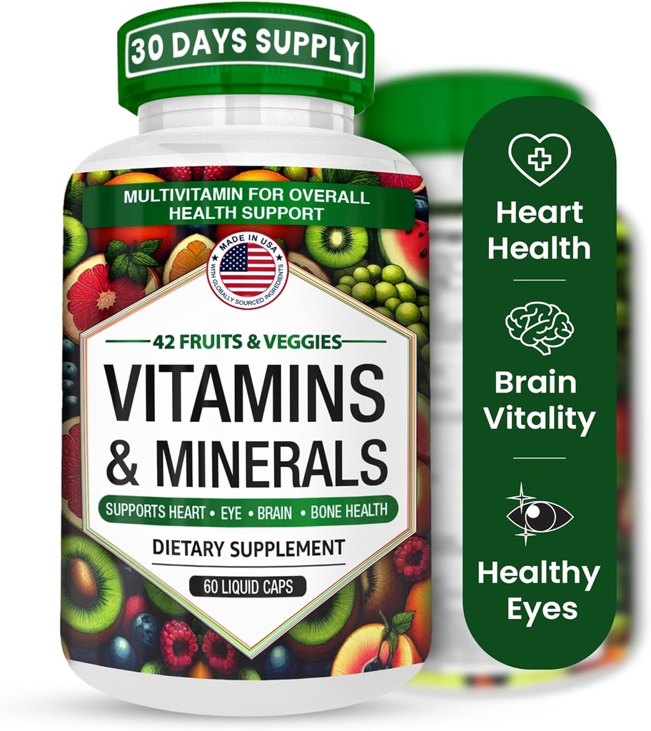 Multivitaminas/Minerals Capsules con Zinc y Premium 42 Frutas y verduras Blend para Immune Support Daily Multivitamin Capsule Antioxidante Suplemento para Immunity System 60 cápsulas