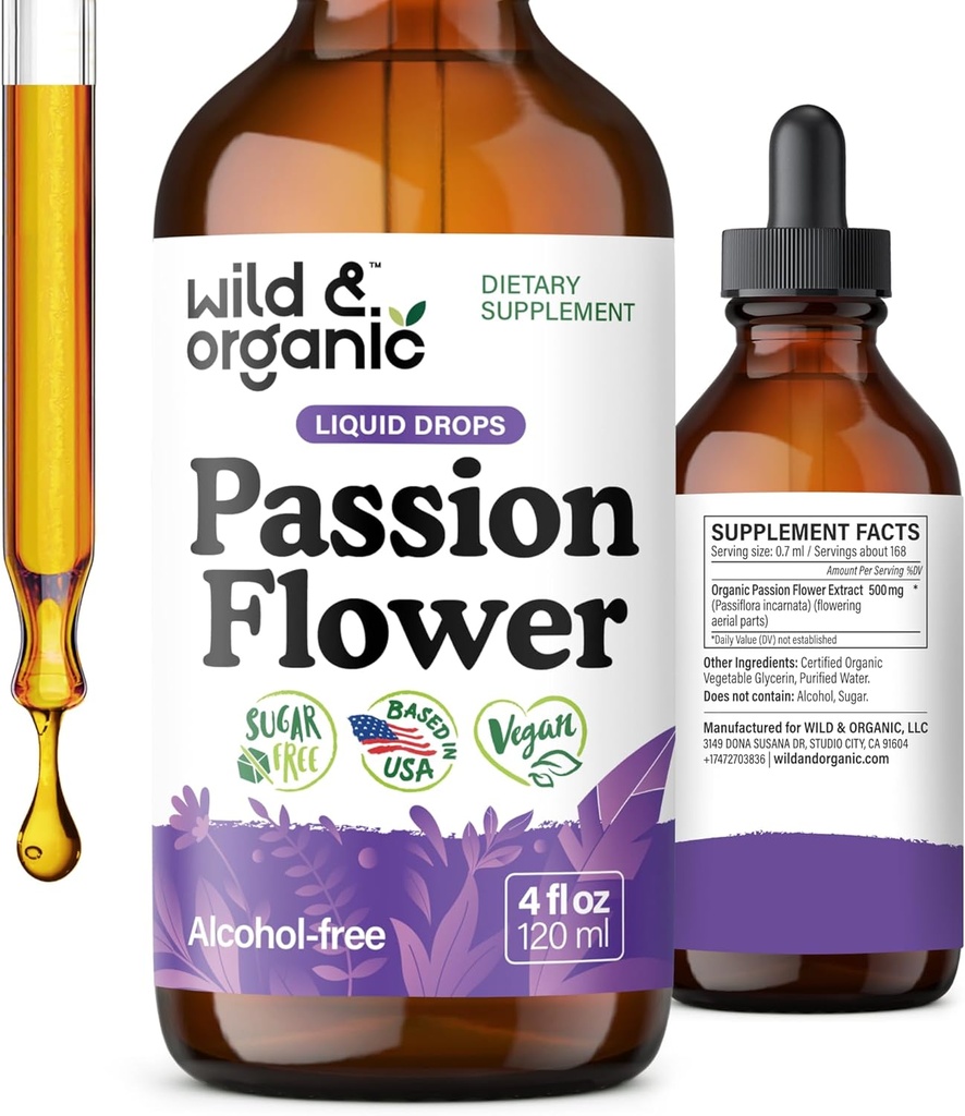 Wild & Organic Passion Flower Tincture - Mood Support - Calming Passionflower Suplemento - Passiflora Incarnata Liquid Extract - Vegan, Azúcar & Alcohol-Free Herb Drops - 4 fl oz