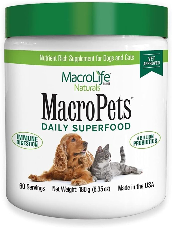 MacroLife Naturales Macro Mascotas Verdes Superalimentos Suplemento Polvo Para Gato Perro Pequeño Mamífero, Nutrición Natural Probióticos Enzimas Digestivos Vitamina E - Immune Gut Salud & Energía - 6.35oz