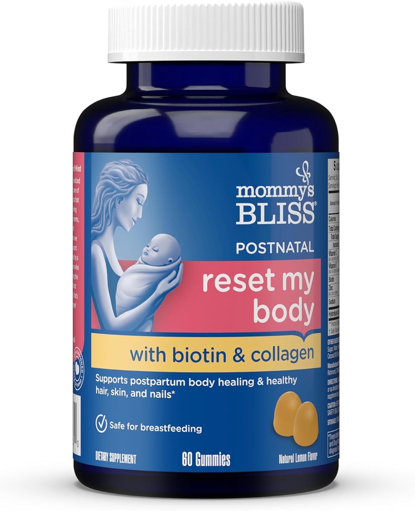 Apoyo postnatal de mami Reiniciar mi cuerpo con biotina & colagen, soporta energía postparto, curación " salud conjunta + cabello, piel " salud de uñas, sin gluten, 60 gomas (30 servidos)