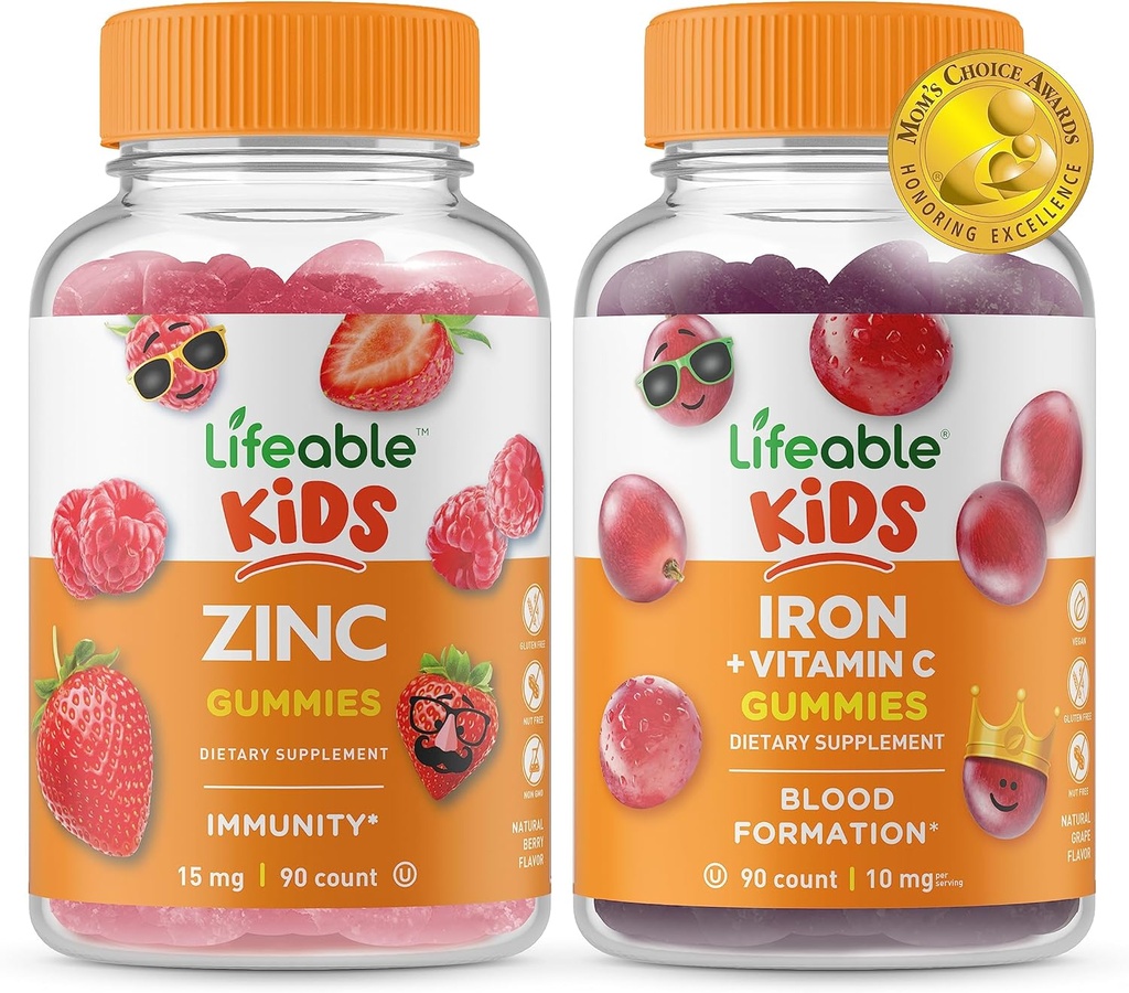 Niños Zinc Lifeable + Hierro & Vitamina C Niños, Gluten Free, GMO Gratis, Chewable Gummy