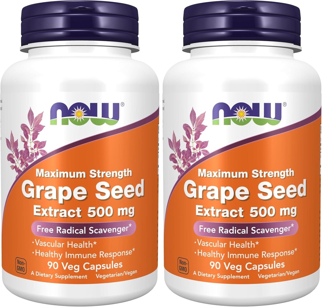 AHORA Suplementos, Grape Seed Extract, Maximum Strength 500 mg (un Extracto Altamente Concentrado con un Mínimo de 90% Polyphenols), 90 Veg Capsules, Rojo/Brown, 0,25 libras (Pack of 2)