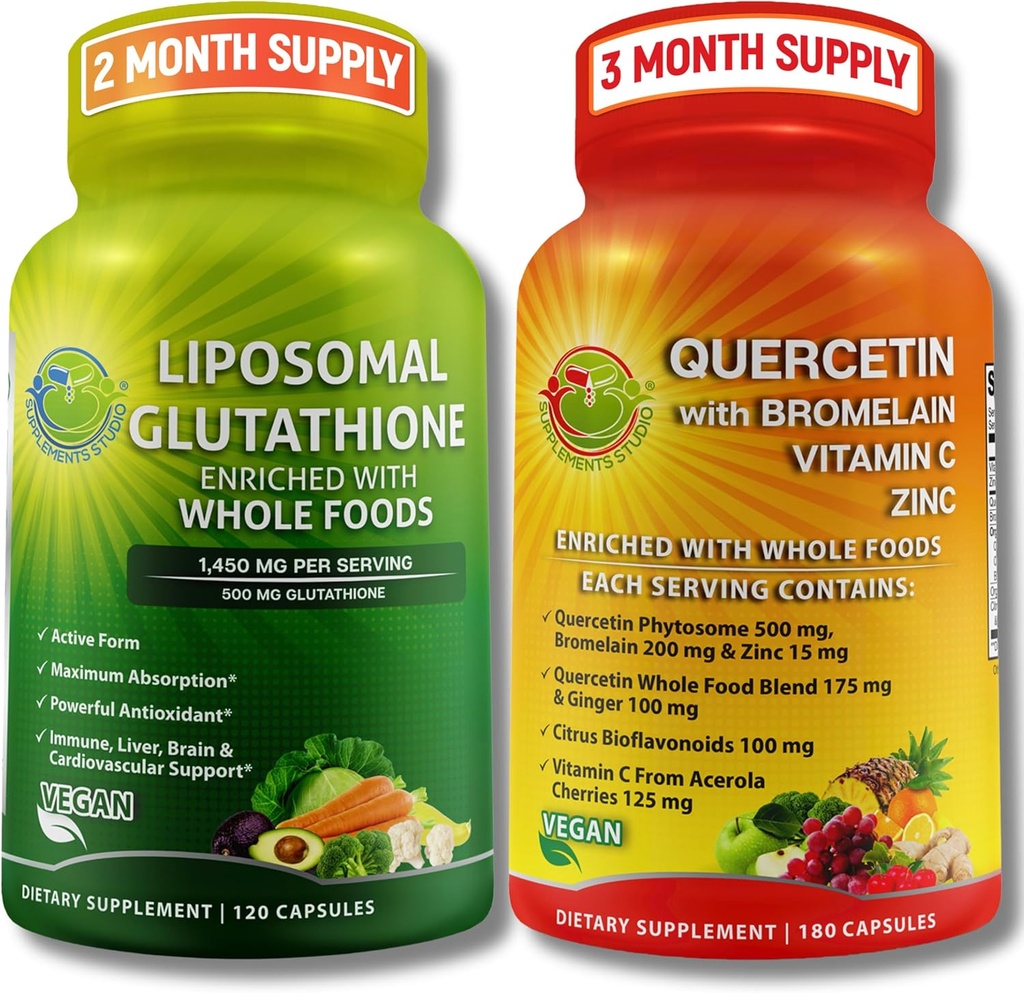 Liposomal Glutathione 500mg " Quercetina con bromelaina, zinc y vitamina C – Antioxidante " Agrupo de apoyo con alimentos orgánicos integrales - Vegan, No Glutatión Fórmula de Salud Respiratoria