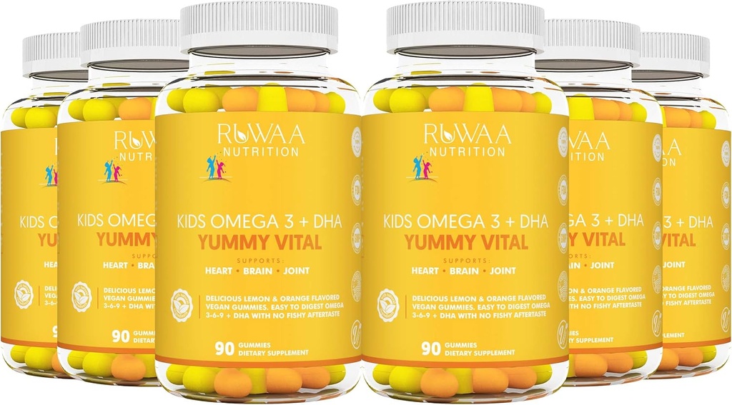 Niños Omega 3 Gummies DHA EPA Omega 3 Suplemento Niños. No Fish Oil After-Taste Vegan Omega 3 6 9 + DHA Gummies & Vitamina C. Cognitive Health, Focus, Vision. Niños Omega 3 540ct (6)