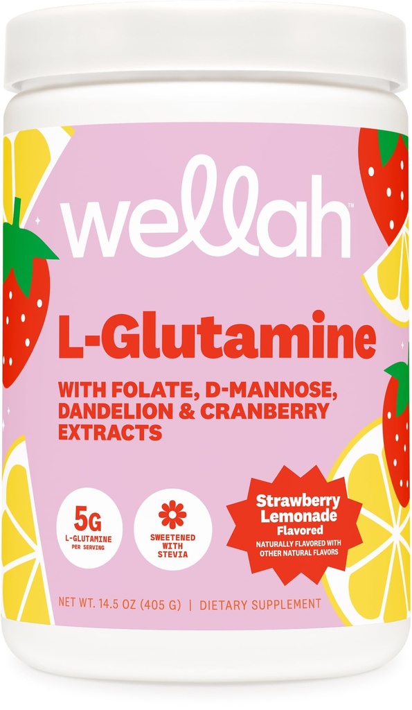 Wellah L-Glutamine Strawberry Lemonade Flavored (50 Servings) - 5g L-Glutamine Por Serving, Endulzado con Stevia
