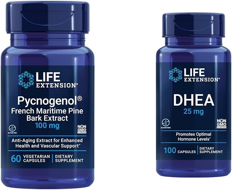 Life Extension French Maritime Pine Bark Extract with DHEA Hormone Balance - 60 cápsulas Pycnogenol & 100 cápsulas DHEA 25mg