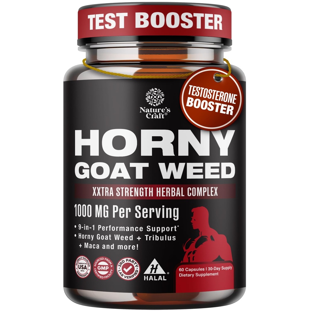 Horny Goat Weed for Men - Extra Strength Male Supplement with Black Maca Root, Tongkat Ali, Saw Palmetto & Panax Ginseng Extract for Stamina & Energy - 60 Count