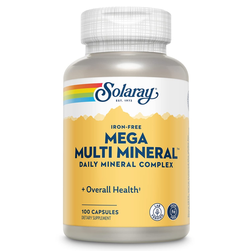 SOLARAY Mega Multi Mineral, Iron Gratis - Suplemento Mineral diario w/Trace Minerals, Electrolitos, Calcio, Magnesio, Zinc, Selenium, Boron - Energía Celular, Apoyo Inmunitario, Garantía de 60 días, 25 Serv