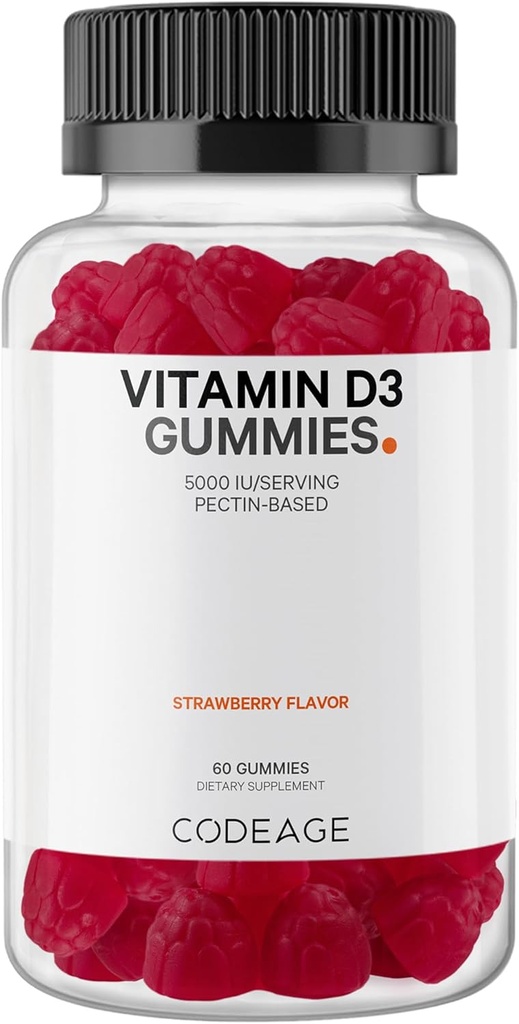 Codeage Vitamina D3 Gummy Vitaminas, Vitamina D3 5000 UI Gummies Cholecalciferol 125 mcg - Suministro de 2 meses - Soft Pectin-Based, Animal Gelatin-Free Vitaminas Gummy, Strawberry, Gluten-Free - 60 Gummies