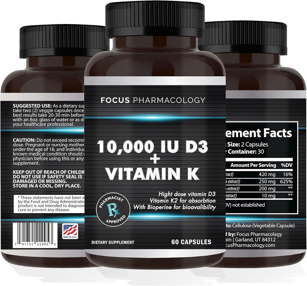 Vitamina K2 con D3 Suplemento de Fuerza Extra Bone ← Salud del Corazón Non-GMO Fórmula 10.000 UI Vitamina D3 & 200 mcg Vitamina K2 (MK7)