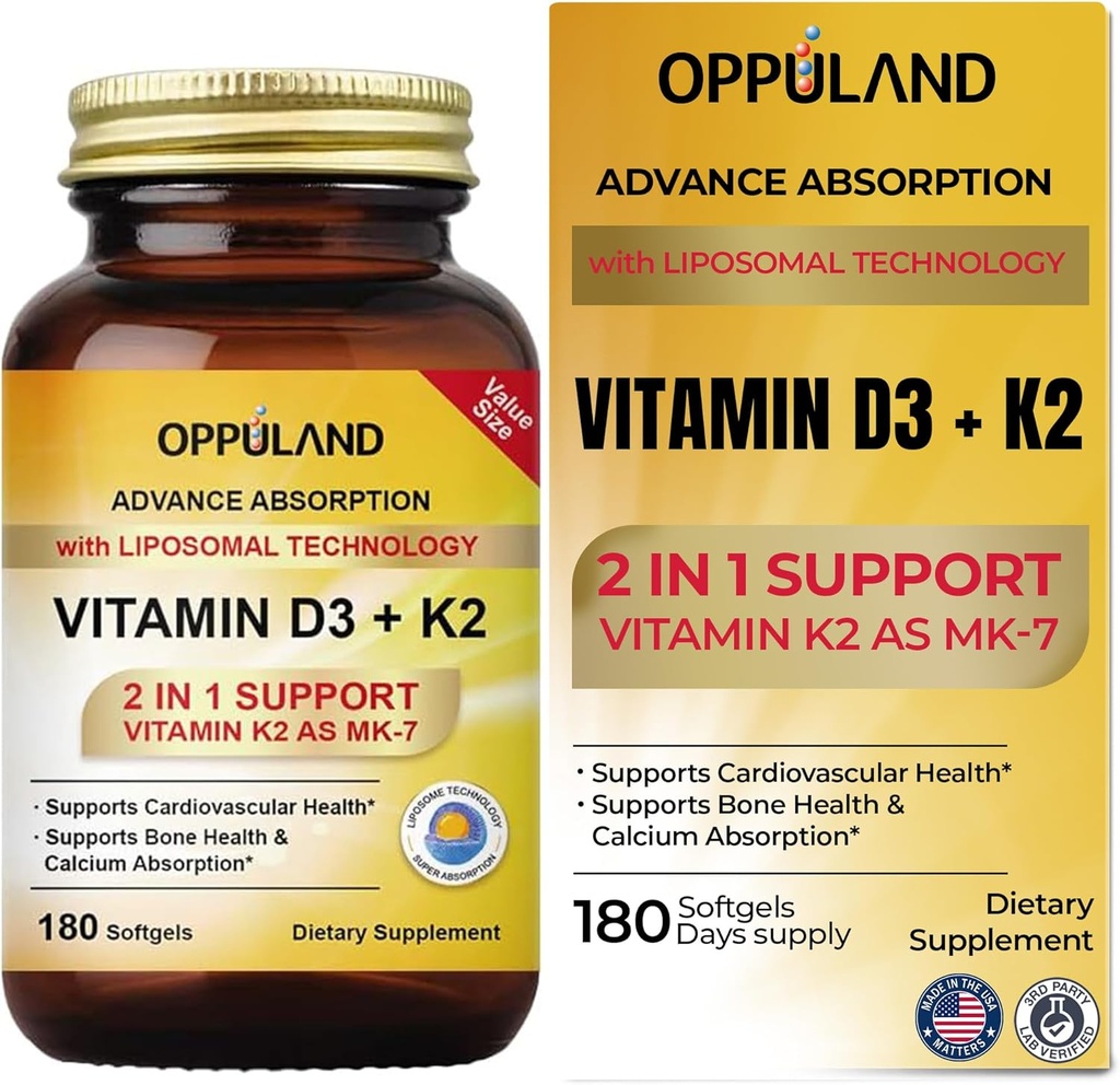 Vitamina D3 + K2 5000 UI - Tecnología Liposómica para la absorción mejorada - MK-7 Vitamina K2 100mcg - Soporta el metabolismo de los huesos - Suplemento D3K2 para hombres y mujeres - 180 Softgels