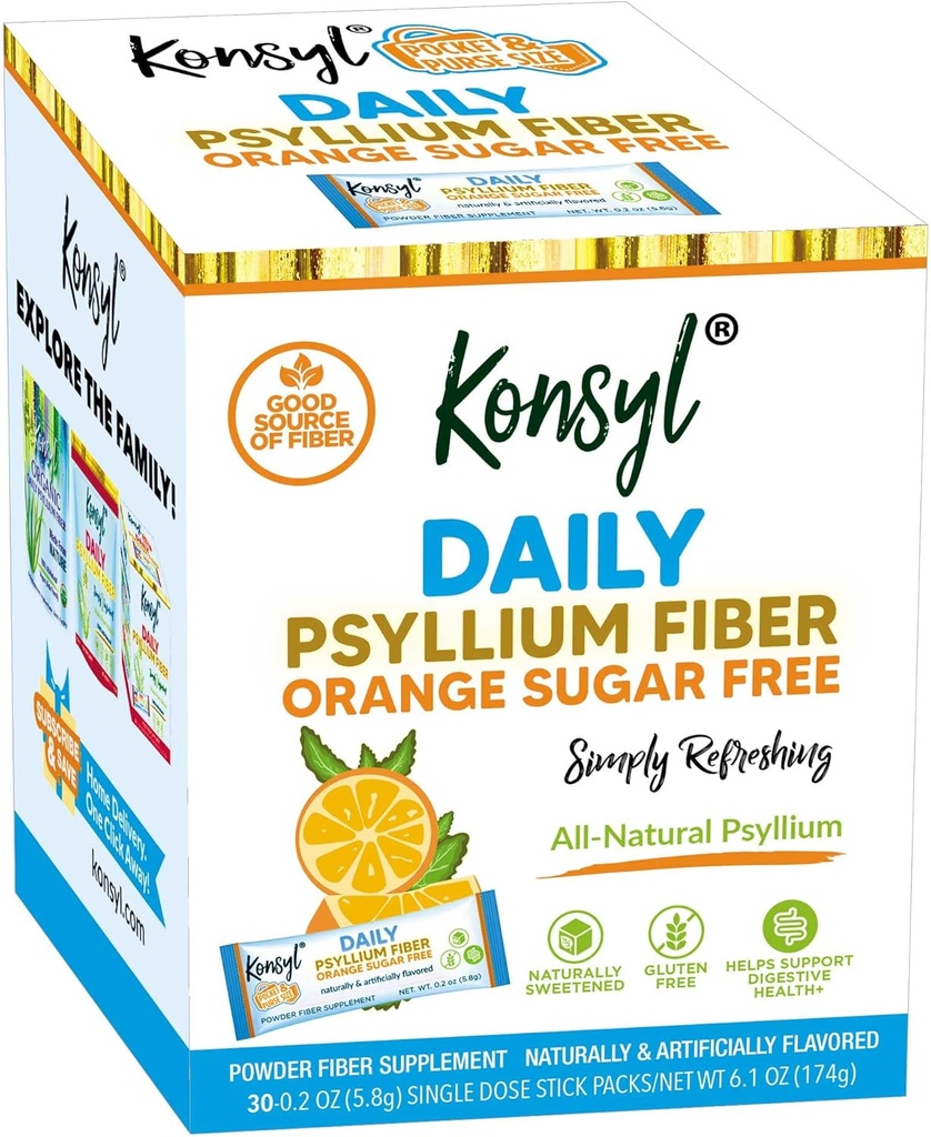 Konsyl Daily Fiber Orange 100% Natural Psyllium Husk Powder - Sugar Gratis y Gluten Gratis - 30 Stickpacks individuales