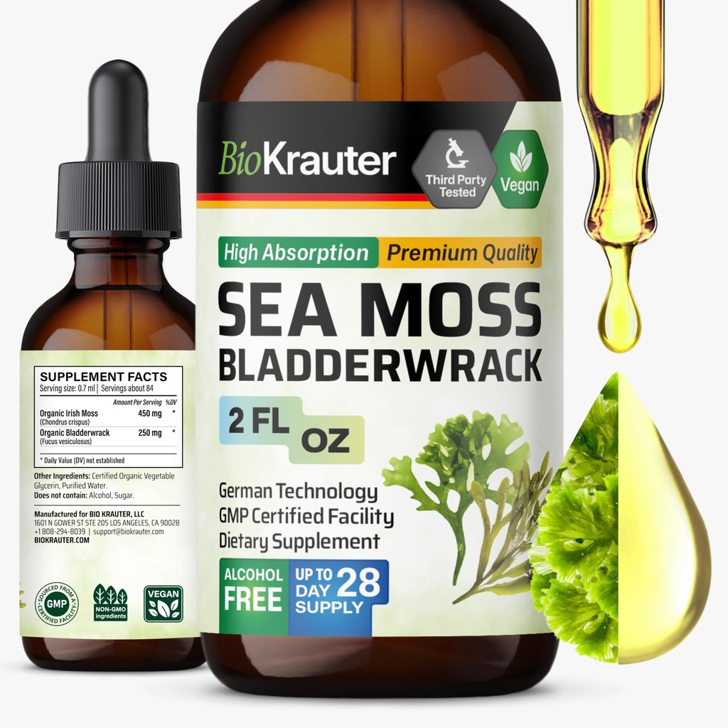 BIO KRAUTER Irish Sea Moss Drops - Chondrus Crispus Sea Moss Suplemento con Bladderwrack - Alcohol &amp; Sugar Free Iodine Suplemento - 2 Fl.Oz.