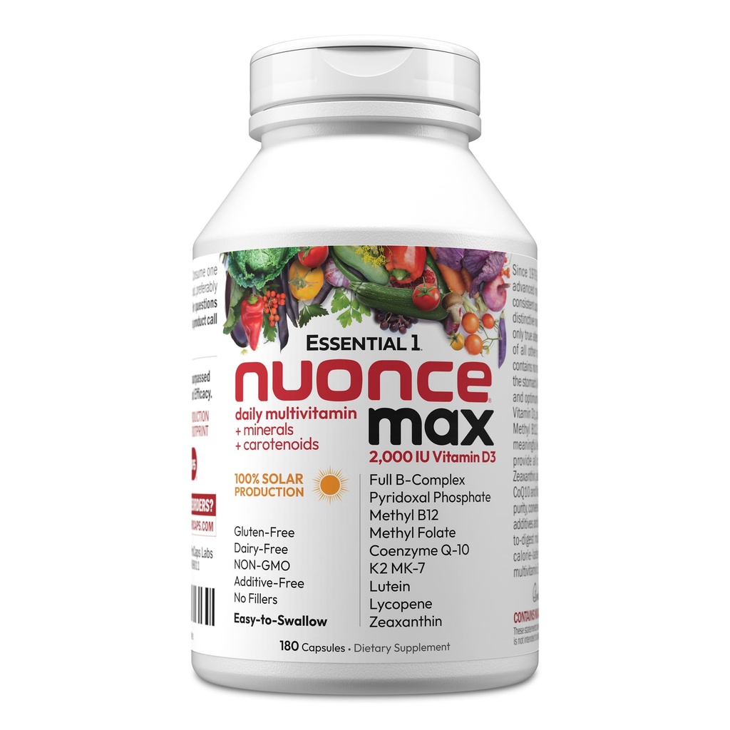 ANDREW LESSMAN Essential-1 nuonce max Multivitamin 2000 UI Vitamin D3 180 Capsules pequeños. 100 mcg Methyl B12. CoQ10 Lutein Lycopene Zeaxanthin. High Potency. Sin aditivos. Ultra-Mild One Daily Capsule