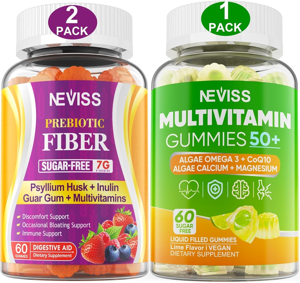 NEVISS Bundle - Mujer & Hombres 50+ Multivitamin 1 Pack y Prebiótico Fiber 2 Pack