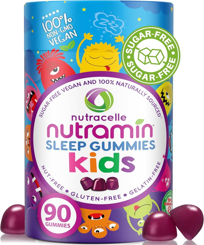 NUTRAMIN Niños Sleep Gummy - Sin azúcar & Vegan - 100% Natural Sleeping Aid with Melatonin Sleep Gummies for Kids - Hypoallergenic, Halal, Kosher, Non GMO - Dark Cherry - 90 Count