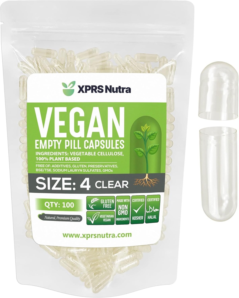 XPRS Nutra Tamaño 4 Cápsulas vacías - 100 Cuentas Pequeñas Cápsulas Veganas vacías- Láminas vegetarianas - DIY Relleno de cápsula vegetal - Fillable Do-It-youself Caps for Supplements