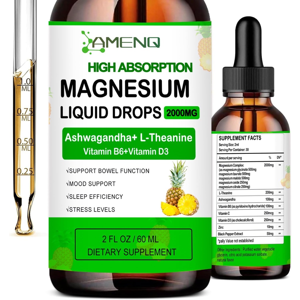 Suplemento de magnesio líquido, gotas de complejo de magnesio orgánicos 5 en-1 丨 Glycinate, Taurate, Oxide, Malate, Citrate w/L-Theanine, Ashwagandha para Cortisol, Sleep*, Stress, Muscle,