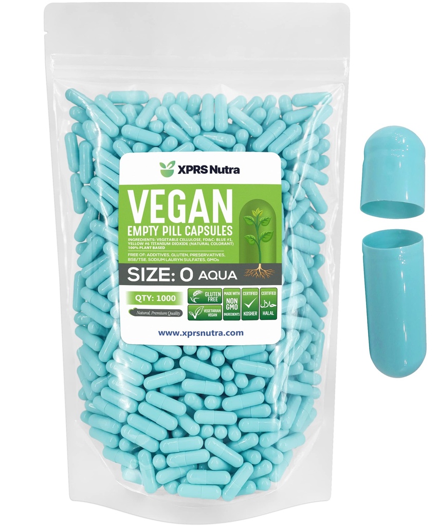 XPRS Nutra Tamaño 0 Empty Capsules - 1000 Conde Vacío Cápsulas Vegan - Láminas Vegetarianas - DIY Cápsulas Vegetal Filling- Veggie Pill Gel Caps for Do-It-Yourself Suplementos (Aqua)