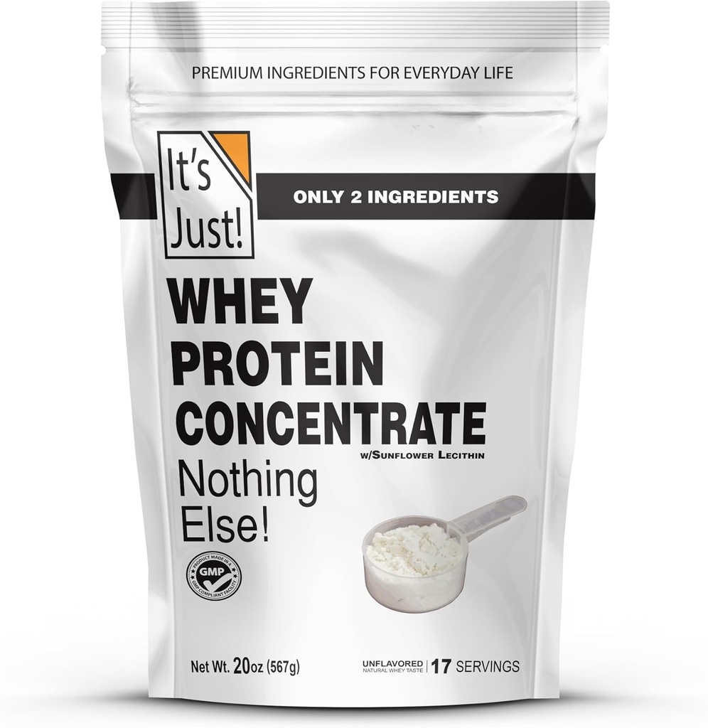¡Es justo! - Concentrado de proteínas 100% Whey, Hecho en EE.UU., sin hormonas RBST/rBGH, Premium WPC-80, No hay sabores añadidos o dulces artificiales (1.25 libras, desflavorados)