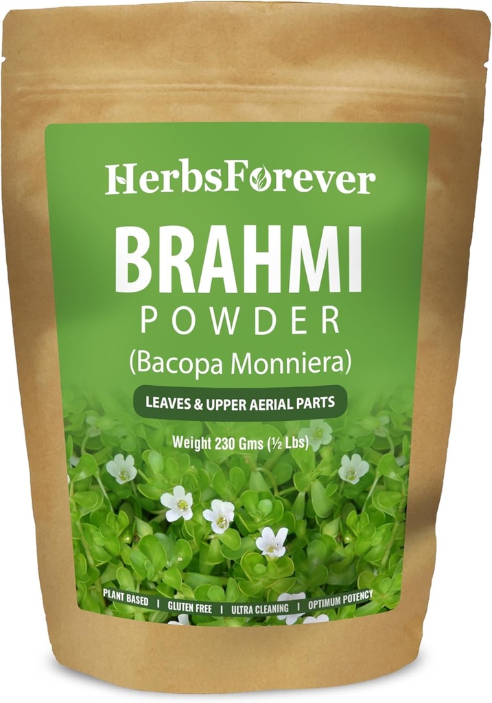 Brahmi Powder I 100% Puro Bacopa Monnieri I Suplemento Natural Herbal – No GMO, Vegan, Libre de gluten Apoyo Wellness – Calidad Premium 230 GMS