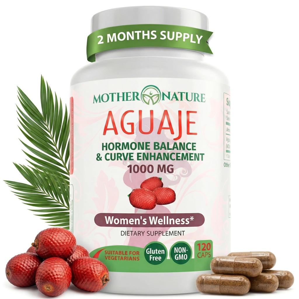 Madre Naturaleza Aguaje Curvas Capsules para Mujeres, 1000mg (120ct), Frutas Aguaje Naturales y Fuente Sostenible del Perú para Salud Femenina, Equilibrio de Hormonas, Curve Enhancer, Vegan, No Gluten-Free