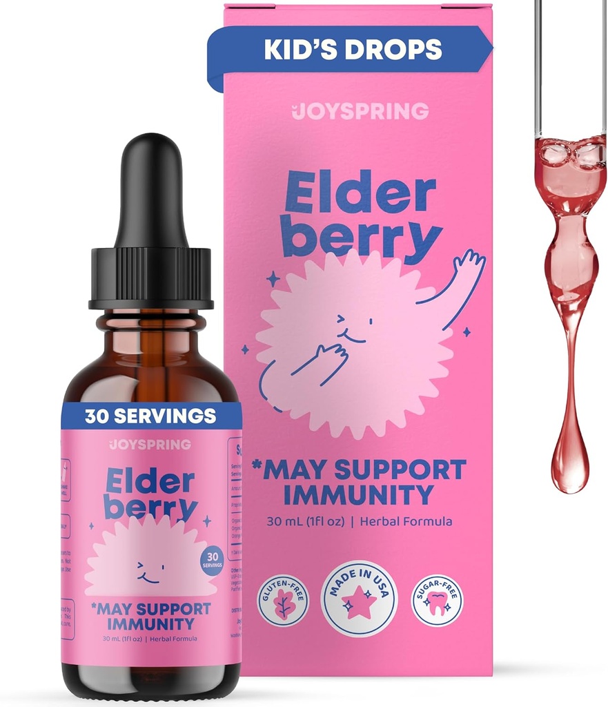 JoySpring Elderberry for Toddlers & Kids Immune Support Liquid (1 fl oz)  Organic Toddler Elderberry Drops with Vitamin C ← Natural Flavor ← Vegan Supplement