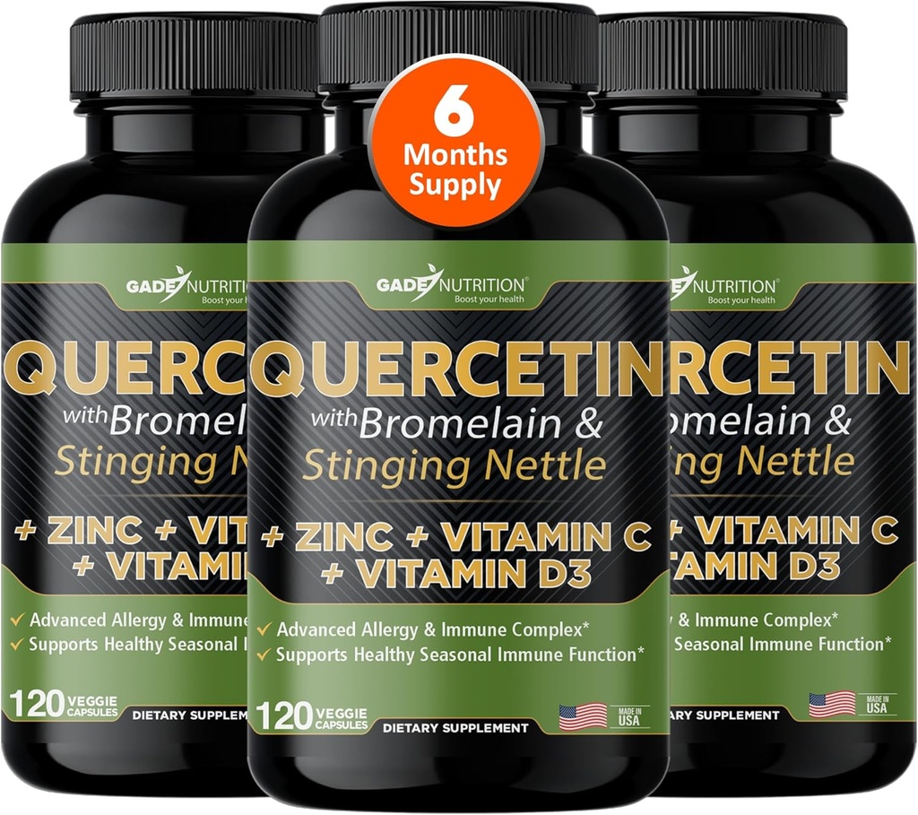 Quercetina de Nutrición Gade con Vitamina C, Hervidor Zinc & Stinging - Nettle Quercetin - Quercetina 500mg - Quercetina con bromelaina - Zinc Quercetina + Vitamina D3-360 Veggie Caps - 6 Month Supply