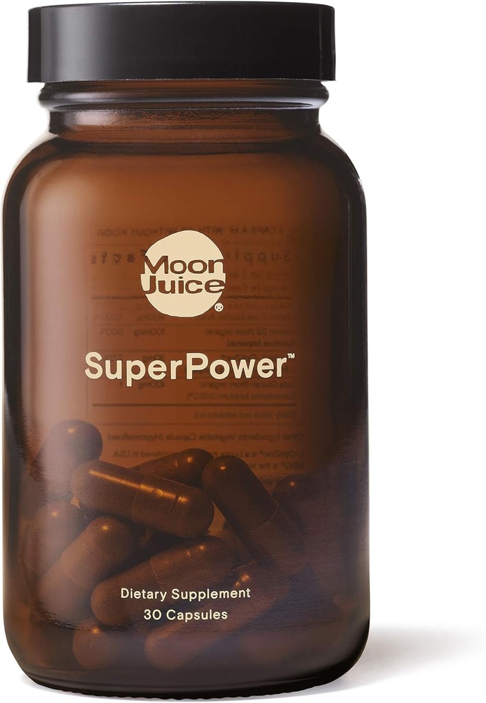 Moon Juice - Superpower (30 Veggie Capsules) - Suplemento de apoyo inmunitario - Vitamina C, Vitamina D, Zinc, Reishi Mushrooms - Botella de vidrio reutilizable - 3a Prueba de la fiesta - 100% Traceable - Vegan, No GMO