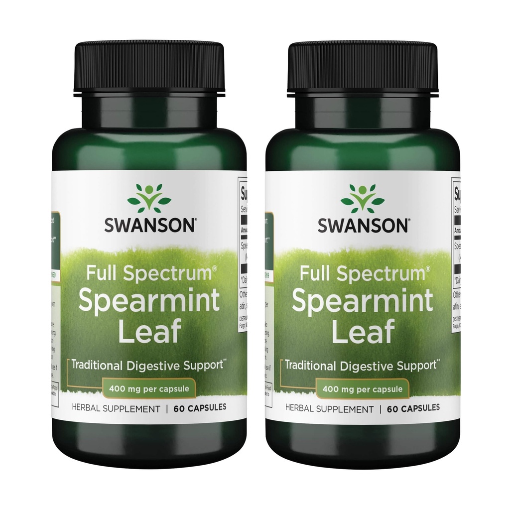 Swanson Spearmint Leaf (Mentha Spicata)-Full Spectrum Herbal Supplement Supporting Digestive Health & Mild Stomach Issues - (60 Capsules, 400mg Cada uno) (2 Pack)