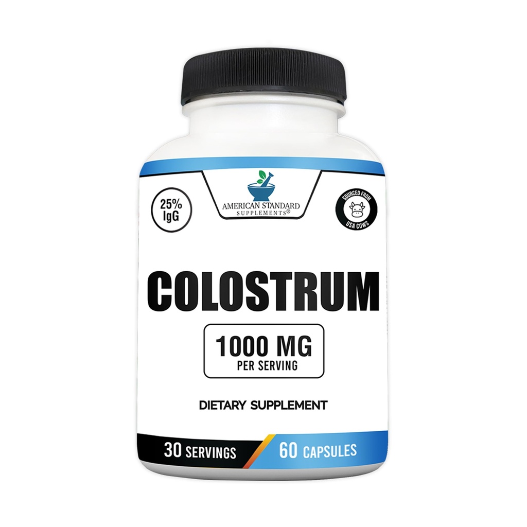 American Standard Supplements Colostrum Capsules - 1000mg Por Serving, 60 Capsules, USA Sourced Cow Colostrum, Standardized to 25% Immunoglobulins (IgG)