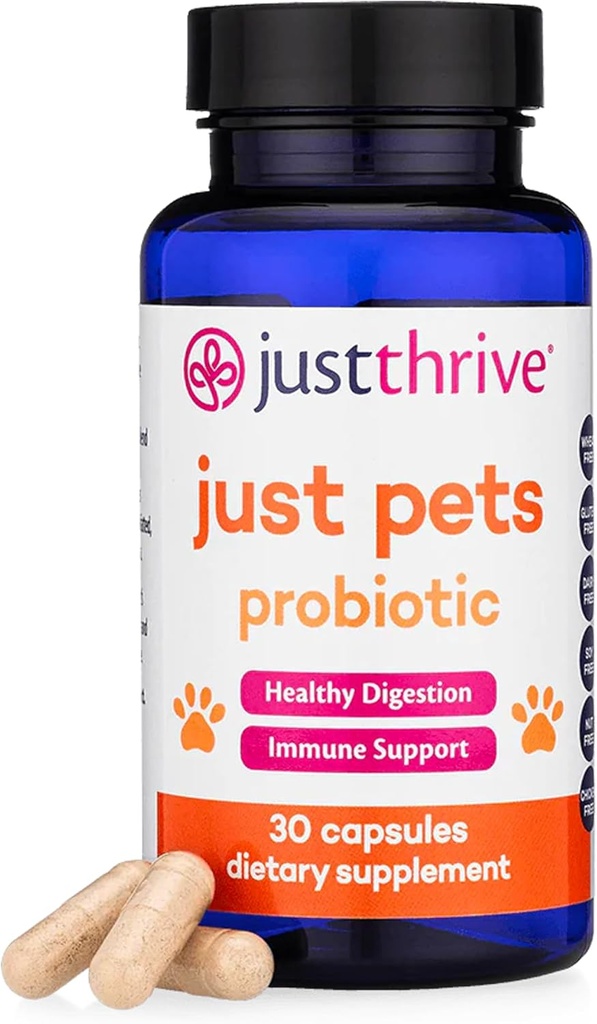 Just Thrive Just Pets Probiótico - Probióticos Digestivos diarios para perros y gatos - 4 Billones CFUs Pet Probiótico, 30 cápsulas