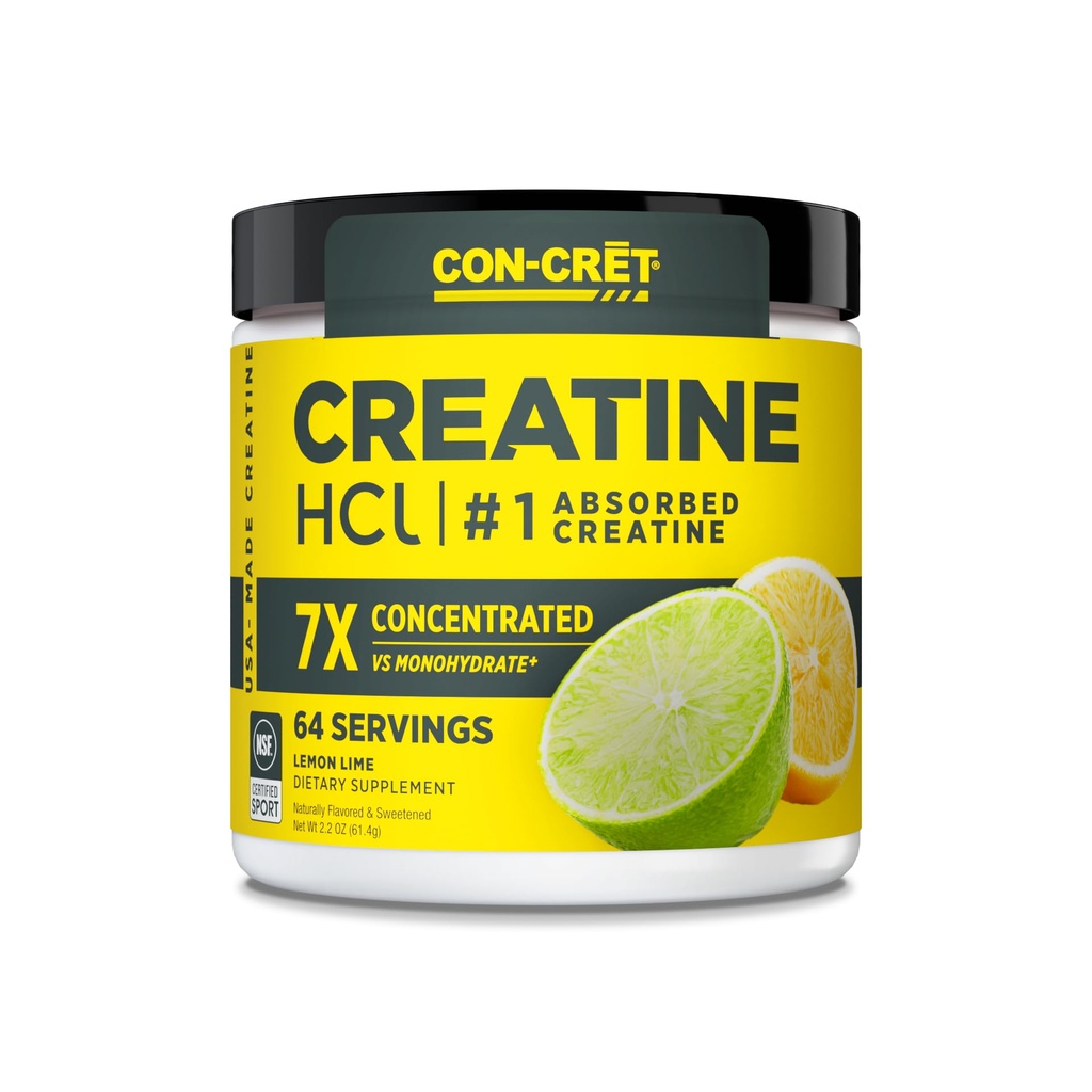 CON-CRET Creatine HCl Powder | Muscle, Cognitive, Cellular Energy Support | No Bloating or Cramps | USA Made & NSF Certified | Lemon Lime (64 Serving)