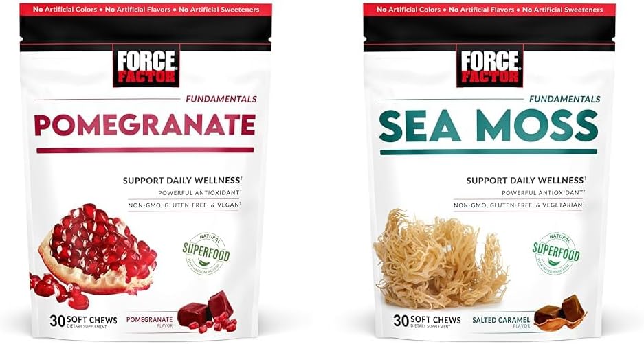 Factor de fuerza Pomegranate & Sea Moss Soft Chews, Superfood Antioxidants for Healthy Aging, Heart Health, Immunity & Digestion Support, Non-GMO, Gluten-Free, 30 Count
