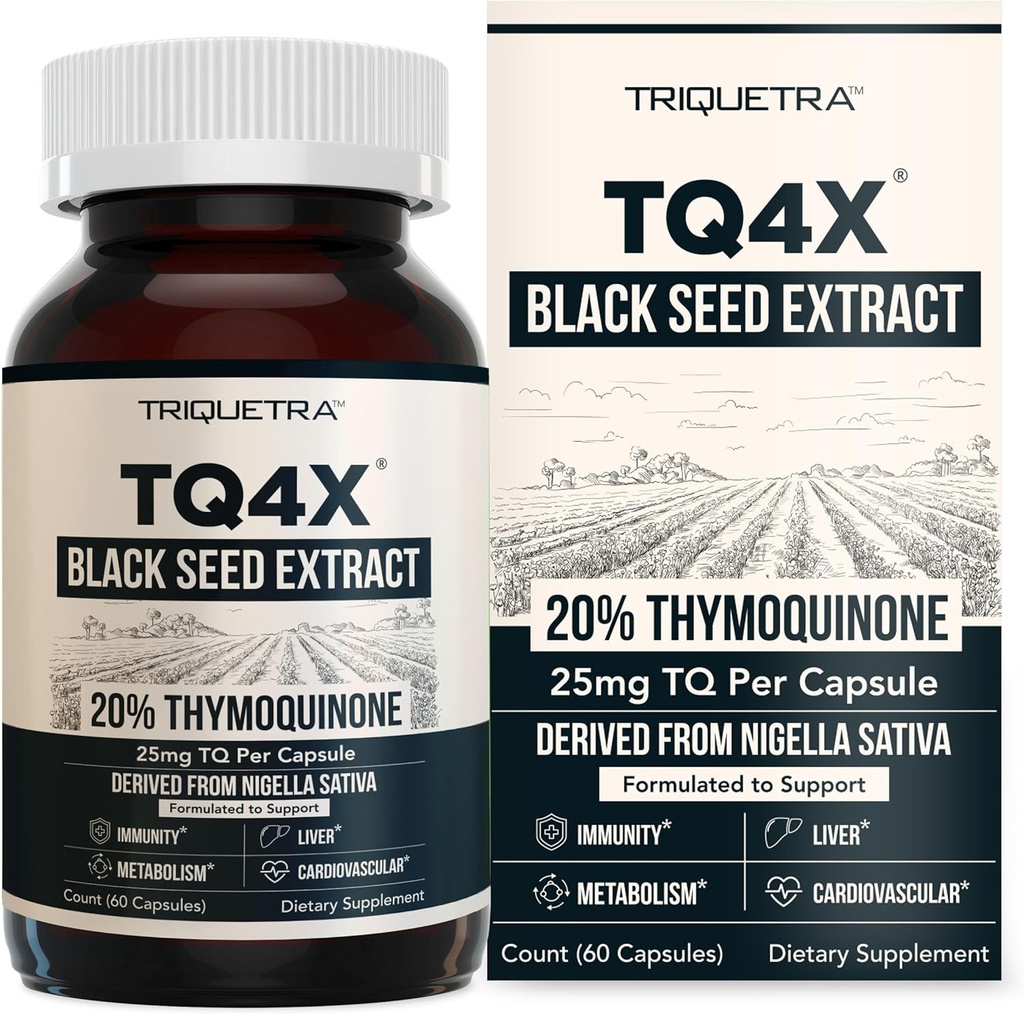 20% Timoquinone Black Seed Oil Extract Capsules - TQ-Advanced 4X®: Potent Thymoquinone Concentration Available Concentrate from Nigella Sativa, Raw Form, Vegan, Glass Bottle (25 mg - 60 cápsulas)