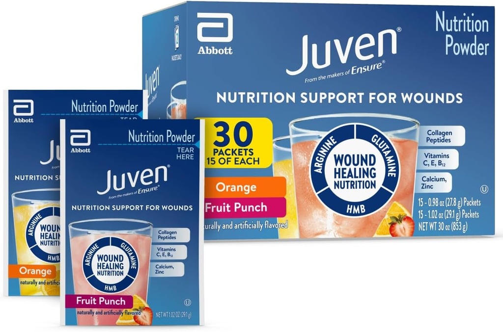 Juven Therapeutic Nutrition Drink Powder Incluido Peptides Collagen, Amino Acids, y HMB Para el soporte de curación de heridas, Variedad Pack: Orange &amp; Fruit Punch, 30 Packets
