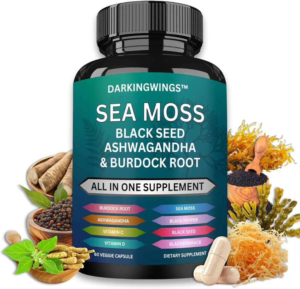 Sea Moss Avanzado - Sea Moss 3000mg Black Seed Oil 2000mg Ashwagandha 1000MG Bladderwrack 1000mg Burdock 1000mg & Vitamina C Vitamina D3 For Skin Hair Supplements tenciónMan & Women sometida 30 Days Supply Capsules