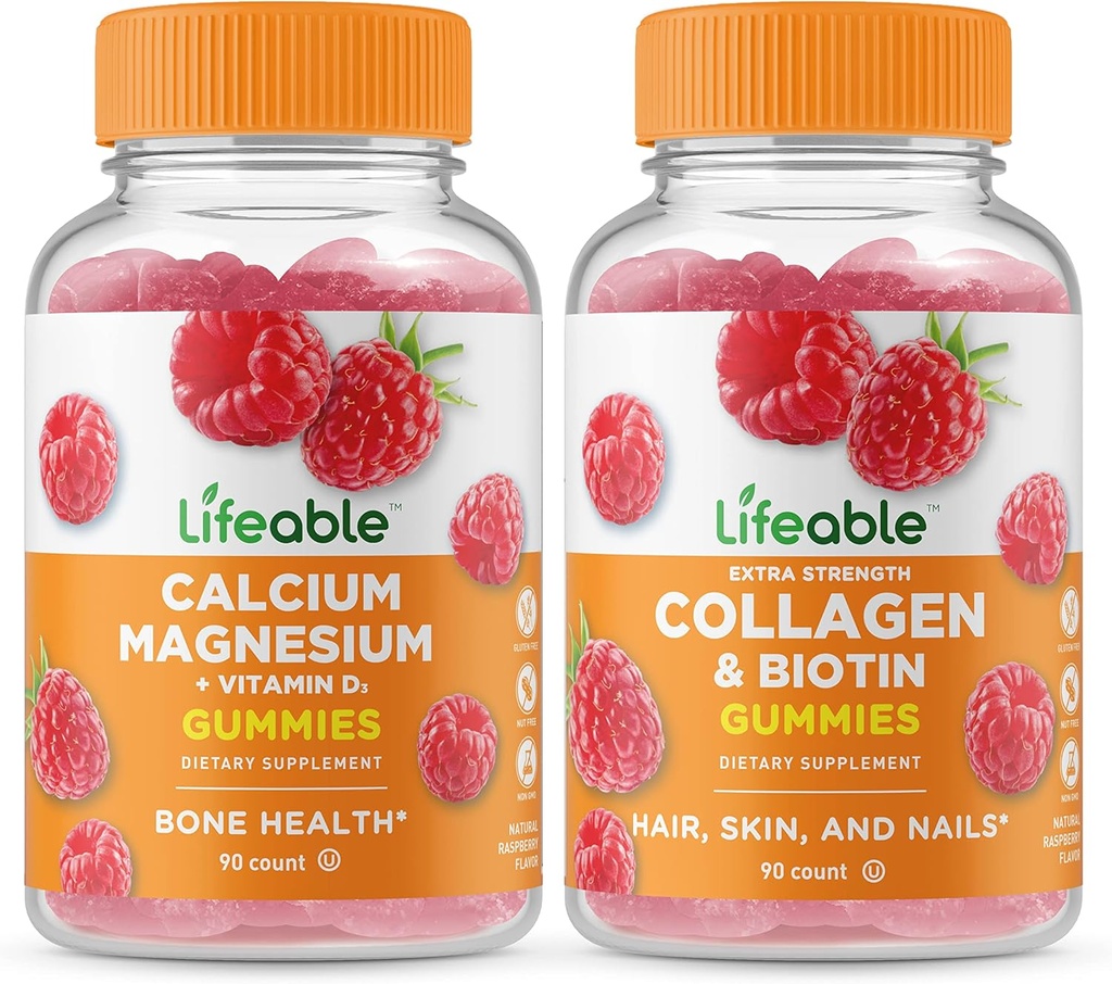 Magnesio de calcio salvavidas + colágeno " Biotina " , Bundle de Gummies - Gran Tasting, Suplemento de vitaminas, Gluten Free, GMO Libre, Chewable