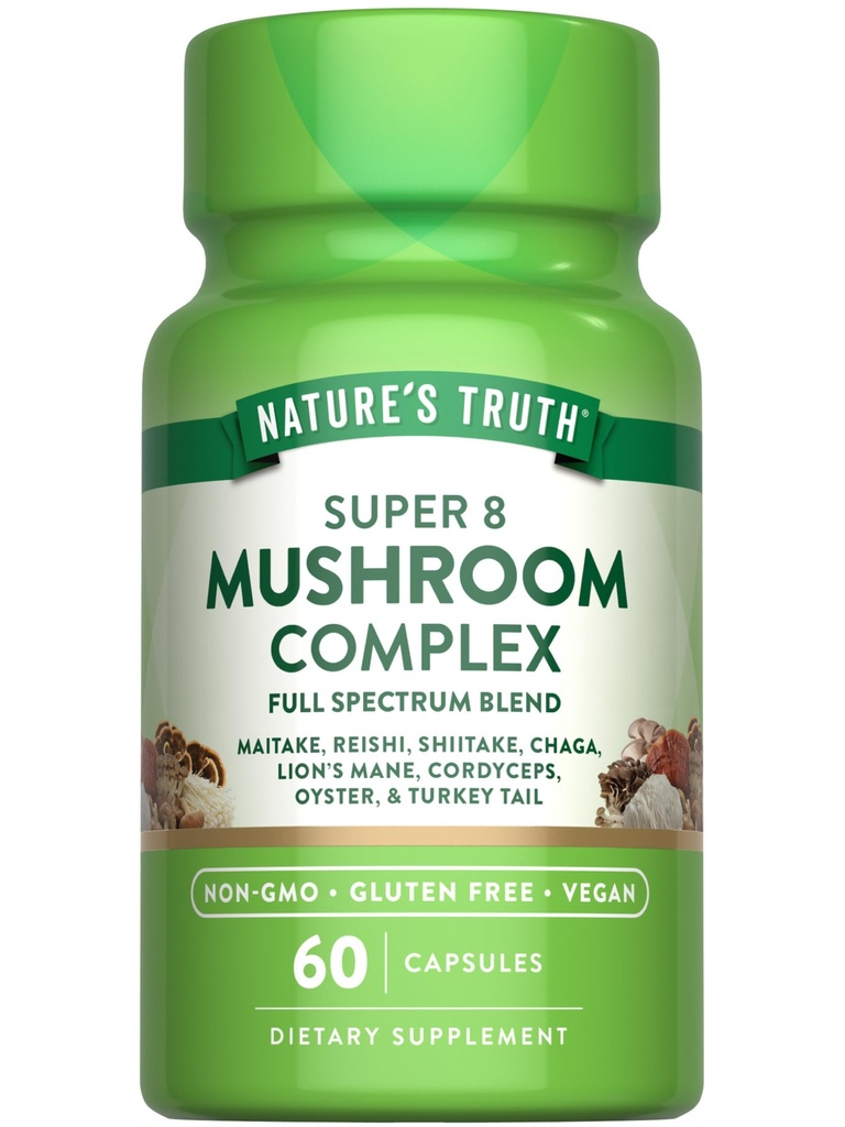La verdad de la naturaleza Mushroom Complex Capsules ← 60 Conde ← Complejo de espectro completo de Super 8 Mushrooms TEN Vegan, Non-GMO, &amp; Gluten Free Supplement