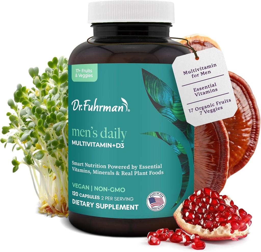 Dr. Fuhrman Multivitamínico para Hombres + D3 Vitamina para Apoyo Inmunitario Silencio Vegan Fórmula Hombre Multivitamina con B12 & Zinc  Alimento multivitamínico Empaquetado con 17 Frutas & Veggies