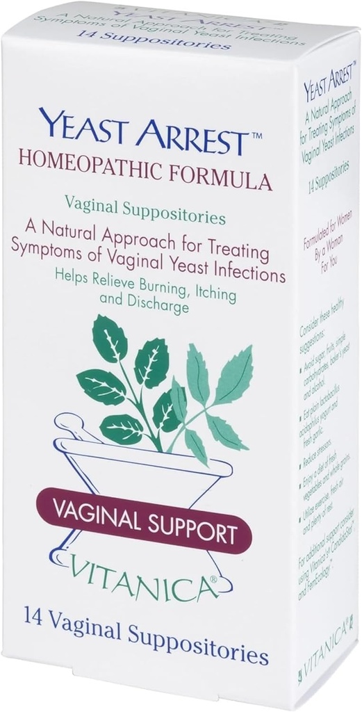 Vitanica Yeast Arrest, Homeopathic Vaginal Suppositories, for Yeast Infections Symptoms, Relieves Burning, Itching " Discharge, with Boric Acid, Tea Tree Oil " Probiotics, Vegan (Pro Logo, 14ct)