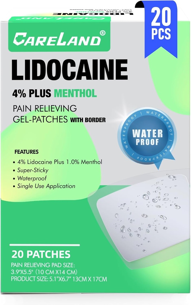 CARELAND 4% Lidocaine Patches Plus 1% Menthol, 20 piezas impermeables Maximum Strength Back Pain Relief Products Patches with Border, for Neck Knee Nerve Relajador del músculo del dolor, super pegajoso